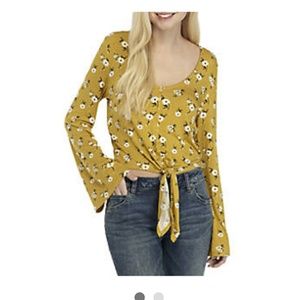 Long Sleeve V-Neck Button Tie Front Printed Top